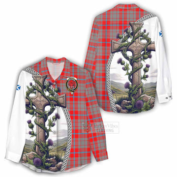 Moubray Tartan Women's Casual Shirt with Family Crest and St. Andrew's Cross Accented by Thistle Vines - Tartan Vibes Clothing