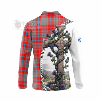 Moubray Tartan Long Sleeve Polo Shirt with Family Crest and St. Andrew's Cross Accented by Thistle Vines - Tartan Vibes Clothing
