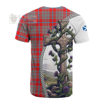 Moubray Tartan Cotton T-shirt with Family Crest and St. Andrew's Cross Accented by Thistle Vines