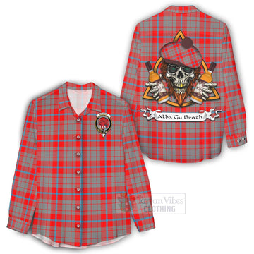 Moubray Tartan Women's Casual Shirt with Family Crest and Bearded Skull Holding Bottles of Whiskey - Tartan Vibes Clothing