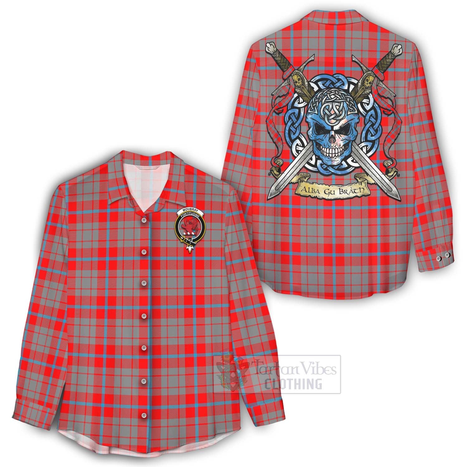 Moubray Tartan Women's Casual Shirt with Family Crest Celtic Skull Style - Tartan Vibes Clothing