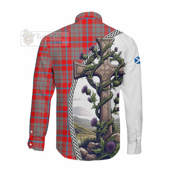 Moubray Tartan Long Sleeve Button Shirt with Family Crest and St. Andrew's Cross Accented by Thistle Vines Men's Shirt - Tartan Vibes Clothing