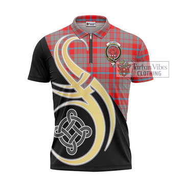 Moubray Tartan Zipper Polo Shirt with Family Crest and Celtic Symbol Style - Tartan Vibes Clothing