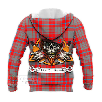 Moubray Tartan Knitted Hoodie with Family Crest and Bearded Skull Holding Bottles of Whiskey - Tartan Vibes Clothing