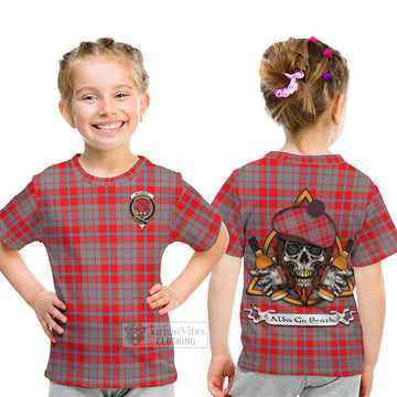Moubray Tartan Kid T-Shirt with Family Crest and Bearded Skull Holding Bottles of Whiskey - Tartan Vibes Clothing