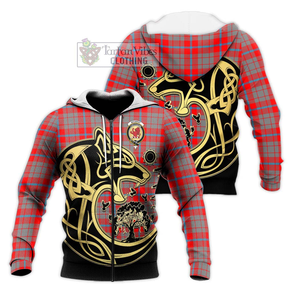 Moubray Tartan Knitted Hoodie with Family Crest Celtic Wolf Style Unisex Knitted Zip Hoodie - Tartan Vibes Clothing