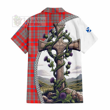 Moubray Tartan Hawaiian Shirt with Family Crest and St. Andrew's Cross Accented by Thistle Vines - Tartan Vibes Clothing