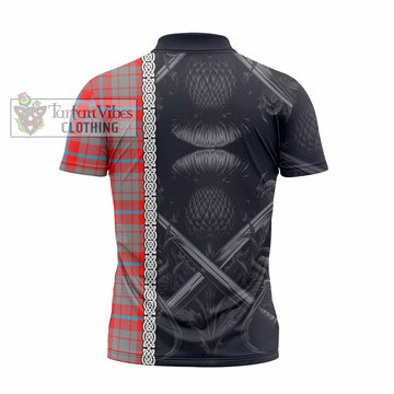 Moubray Tartan Zipper Polo Shirt with Family Crest Cross Sword Thistle Celtic Vibes - Tartan Vibes Clothing