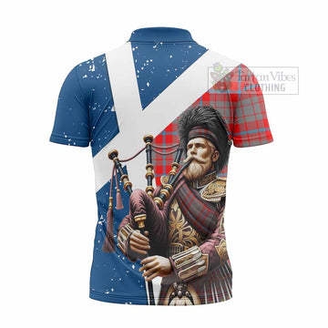 Moubray Tartan Zipper Polo Shirt with Family Crest Scottish Bagpiper Vibes - Tartan Vibes Clothing
