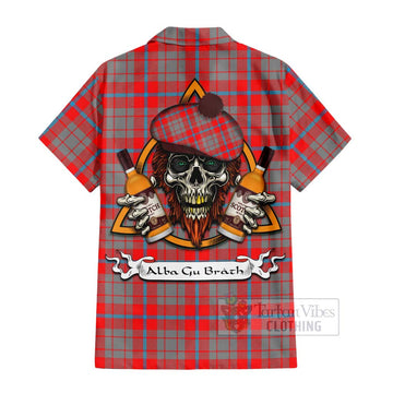 Moubray Tartan Hawaiian Shirt with Family Crest and Bearded Skull Holding Bottles of Whiskey - Tartan Vibes Clothing