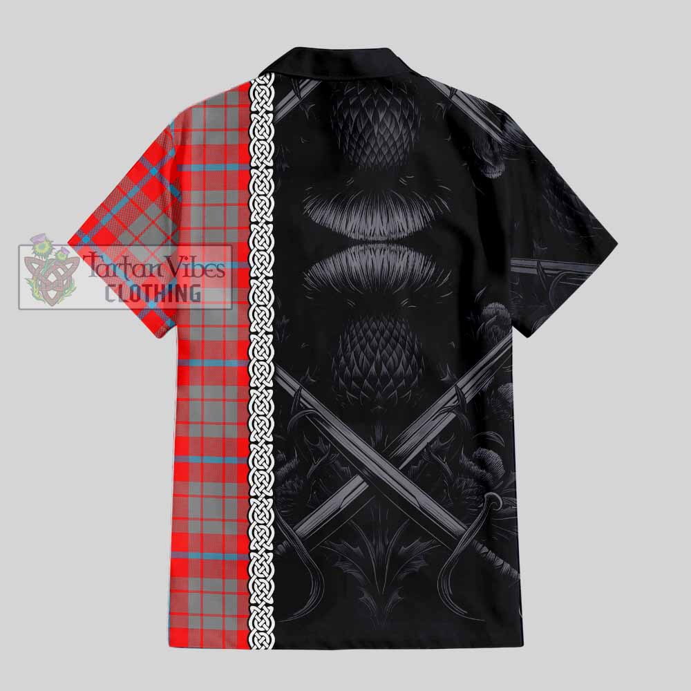 Moubray Tartan Hawaiian Shirt with Family Crest Cross Sword Thistle Celtic Vibes - Tartan Vibes Clothing