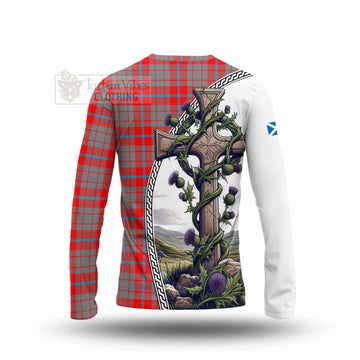 Moubray Tartan Long Sleeve T-Shirt with Family Crest and St. Andrew's Cross Accented by Thistle Vines - Tartan Vibes Clothing