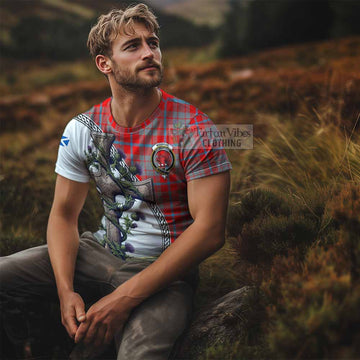 Moubray Tartan T-Shirt with Family Crest and St. Andrew's Cross Accented by Thistle Vines - Tartan Vibes Clothing