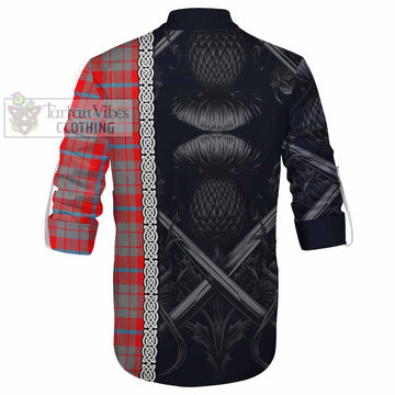 Moubray Tartan Ghillie Kilt Shirt with Family Crest Cross Sword Thistle Celtic Vibes - Tartan Vibes Clothing