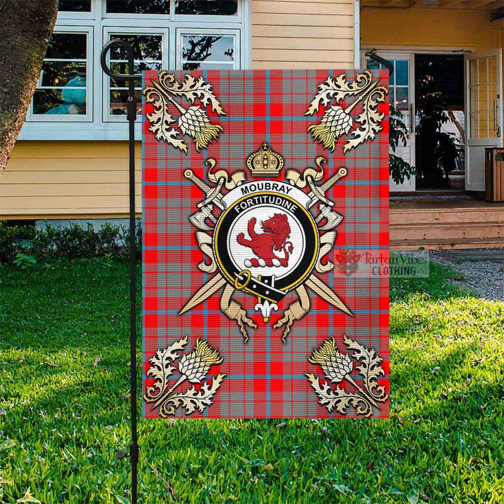 Tartan Vibes Clothing Moubray Tartan Flag with Family Crest and Golden Thistle Crossed Sword Design
