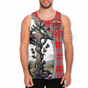 Moubray Tartan Men's Tank Top with Family Crest and St. Andrew's Cross Accented by Thistle Vines - Tartan Vibes Clothing