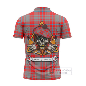 Moubray Tartan Zipper Polo Shirt with Family Crest and Bearded Skull Holding Bottles of Whiskey - Tartan Vibes Clothing