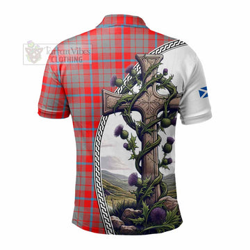 Moubray Tartan Polo Shirt with Family Crest and St. Andrew's Cross Accented by Thistle Vines - Tartan Vibes Clothing