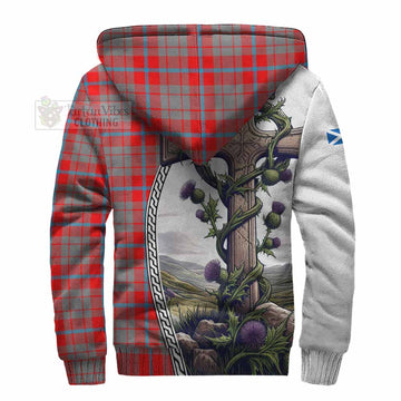 Moubray Tartan Sherpa Hoodie with Family Crest and St. Andrew's Cross Accented by Thistle Vines - Tartan Vibes Clothing