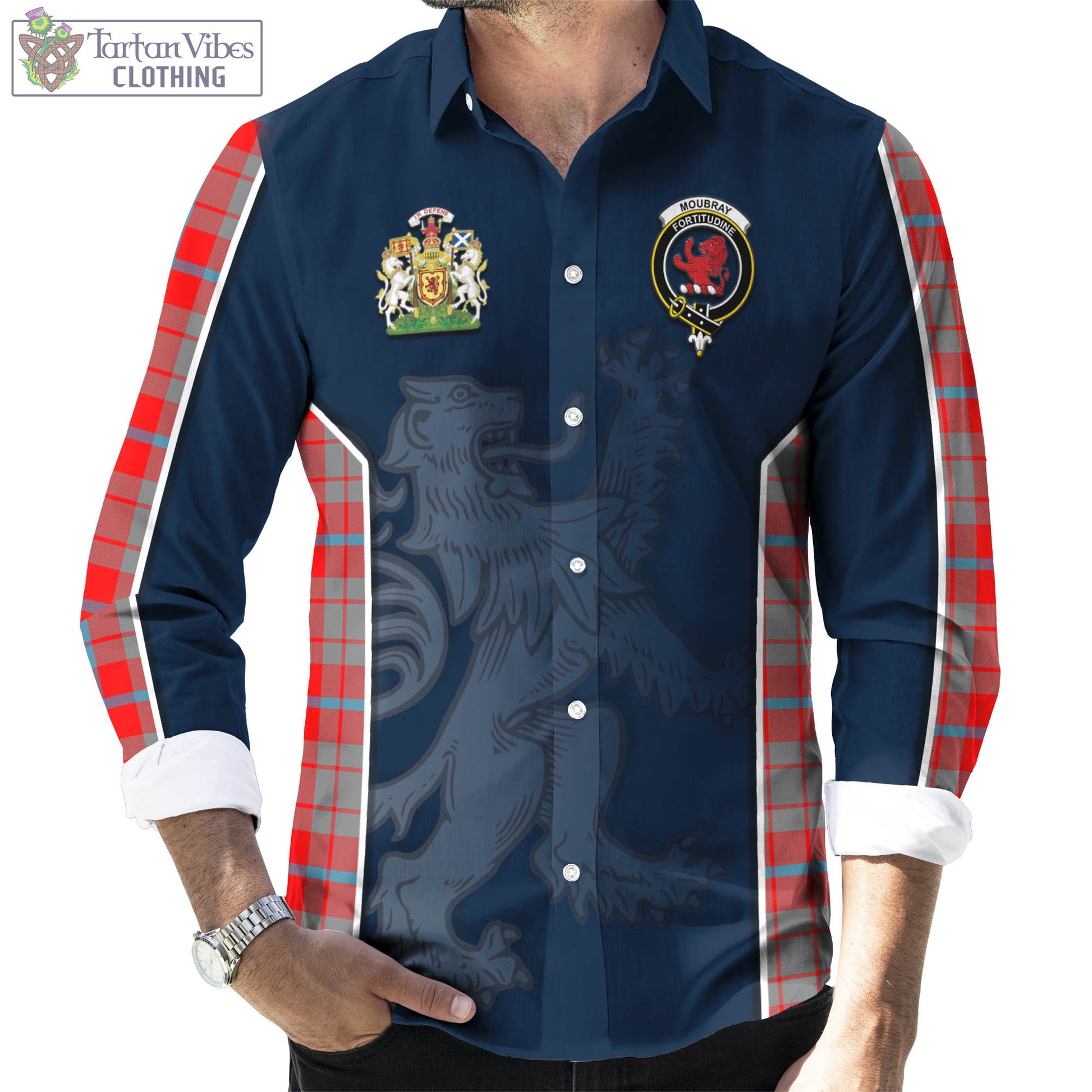 Tartan Vibes Clothing Moubray Tartan Long Sleeve Button Up Shirt with Family Crest and Lion Rampant Vibes Sport Style