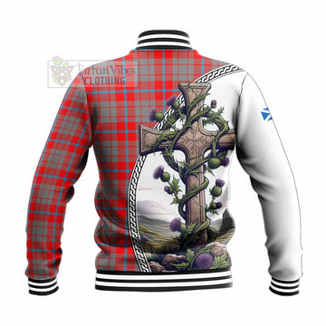 Moubray Tartan Baseball Jacket with Family Crest and St. Andrew's Cross Accented by Thistle Vines - Tartan Vibes Clothing