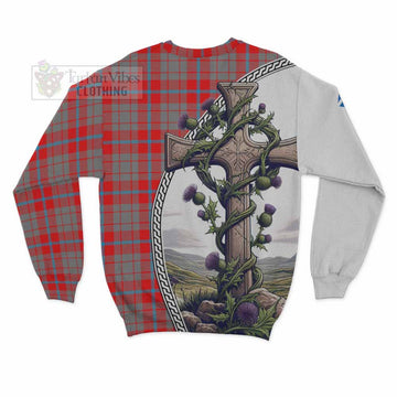 Moubray Tartan Sweatshirt with Family Crest and St. Andrew's Cross Accented by Thistle Vines - Tartan Vibes Clothing