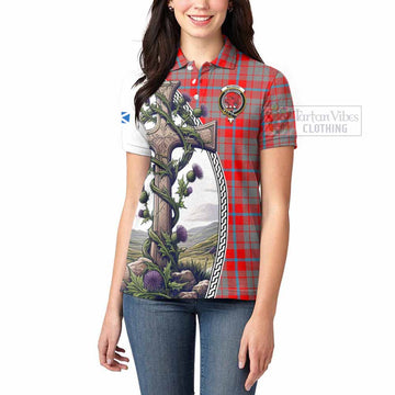 Moubray Tartan Women's Polo Shirt with Family Crest and St. Andrew's Cross Accented by Thistle Vines - Tartan Vibes Clothing