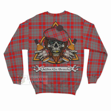 Moubray Tartan Sweatshirt with Family Crest and Bearded Skull Holding Bottles of Whiskey - Tartan Vibes Clothing