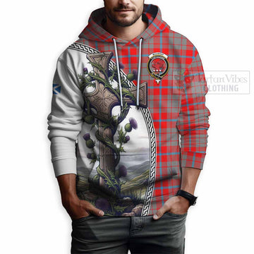 Moubray Tartan Hoodie with Family Crest and St. Andrew's Cross Accented by Thistle Vines - Tartan Vibes Clothing