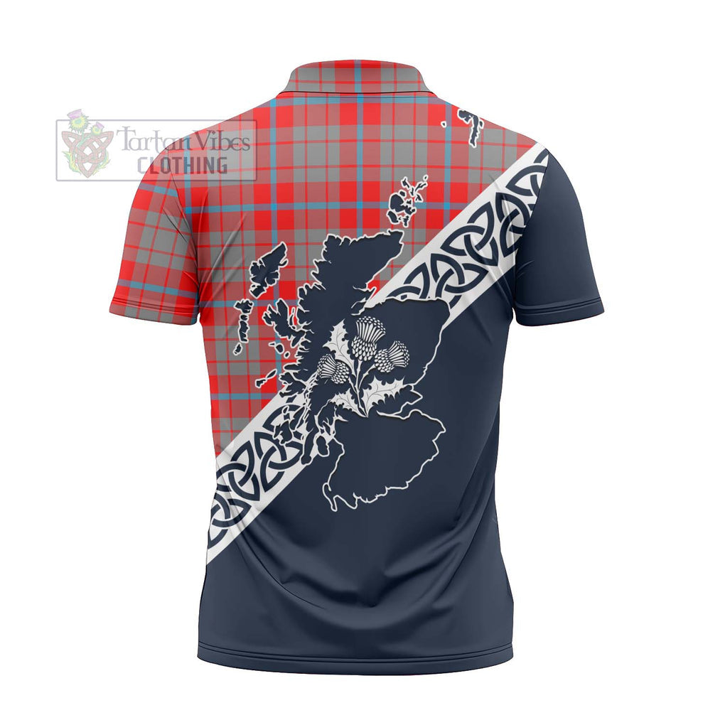 Moubray Tartan Zipper Polo Shirt Featuring Thistle and Scotland Map - Tartanvibesclothing Store