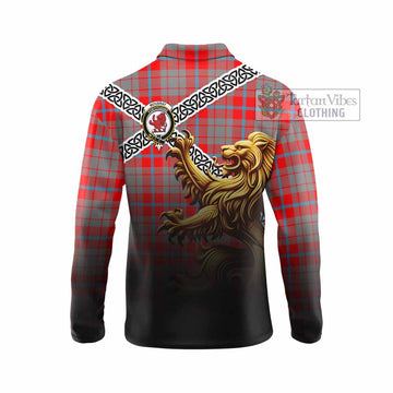 Moubray Crest Tartan Long Sleeve Polo Shirt with Golden Lion Emblem Celtic Style - Tartan Vibes Clothing