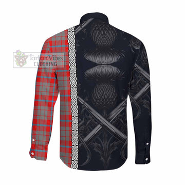 Tartan Vibes Clothing Moubray Tartan Long Sleeve Button Shirt with Family Crest Cross Sword Thistle Celtic Vibes