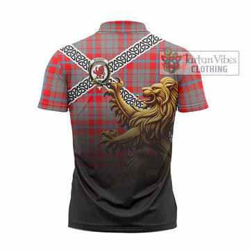Moubray Crest Tartan Zipper Polo Shirt with Golden Lion Emblem Celtic Style - Tartan Vibes Clothing
