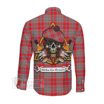 Moubray Tartan Long Sleeve Button Shirt with Family Crest and Bearded Skull Holding Bottles of Whiskey Men's Shirt - Tartan Vibes Clothing