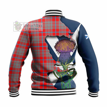 Tartan Vibes Clothing Moubray Tartan Family Crest Baseball Jacket Scottish Thistle Celtic Inspired