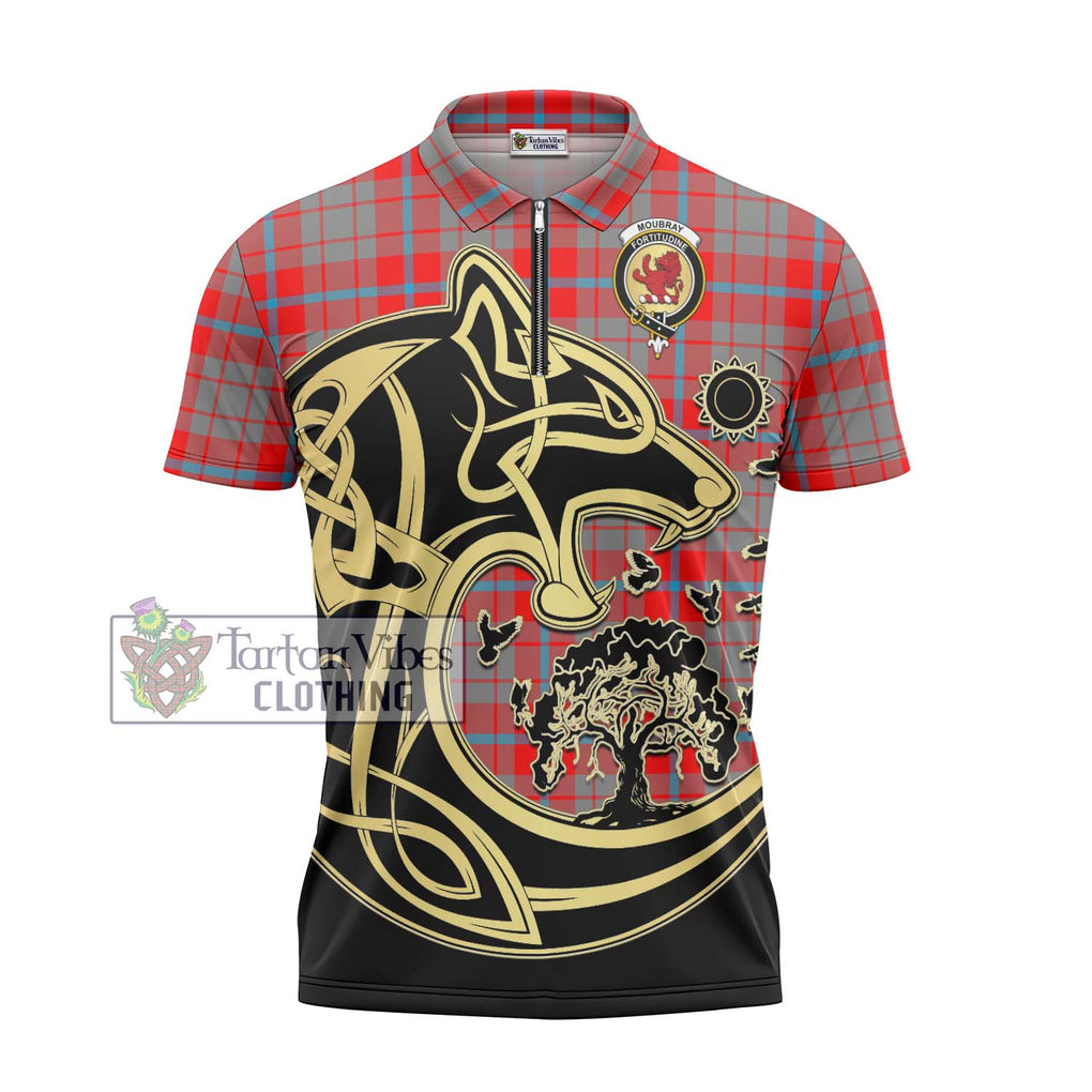 Moubray Tartan Zipper Polo Shirt with Family Crest Celtic Wolf Style - Tartan Vibes Clothing