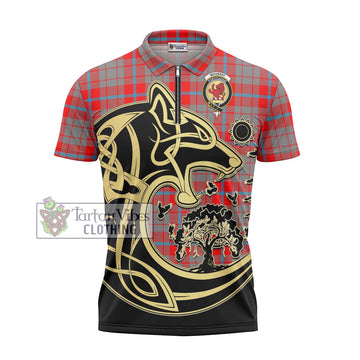 Moubray Tartan Zipper Polo Shirt with Family Crest Celtic Wolf Style - Tartan Vibes Clothing