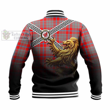 Tartan Vibes Clothing Moubray Crest Tartan Baseball Jacket with Golden Lion Emblem Celtic Style