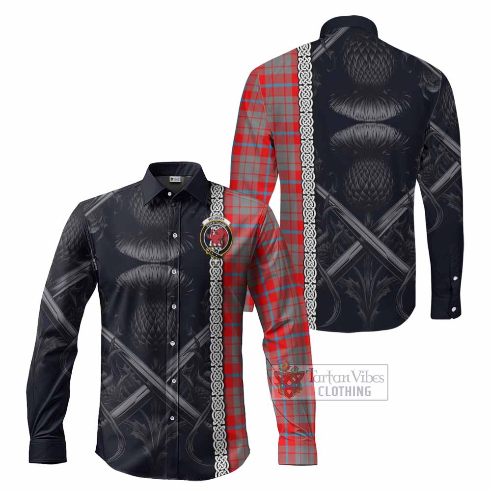 Tartan Vibes Clothing Moubray Tartan Long Sleeve Button Shirt with Family Crest Cross Sword Thistle Celtic Vibes