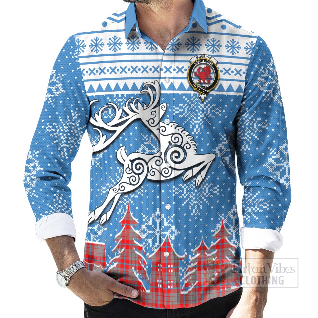 Moubray Clan Christmas Long Sleeve Button Shirt Celtic Reindeer Style - Tartan Vibes Clothing