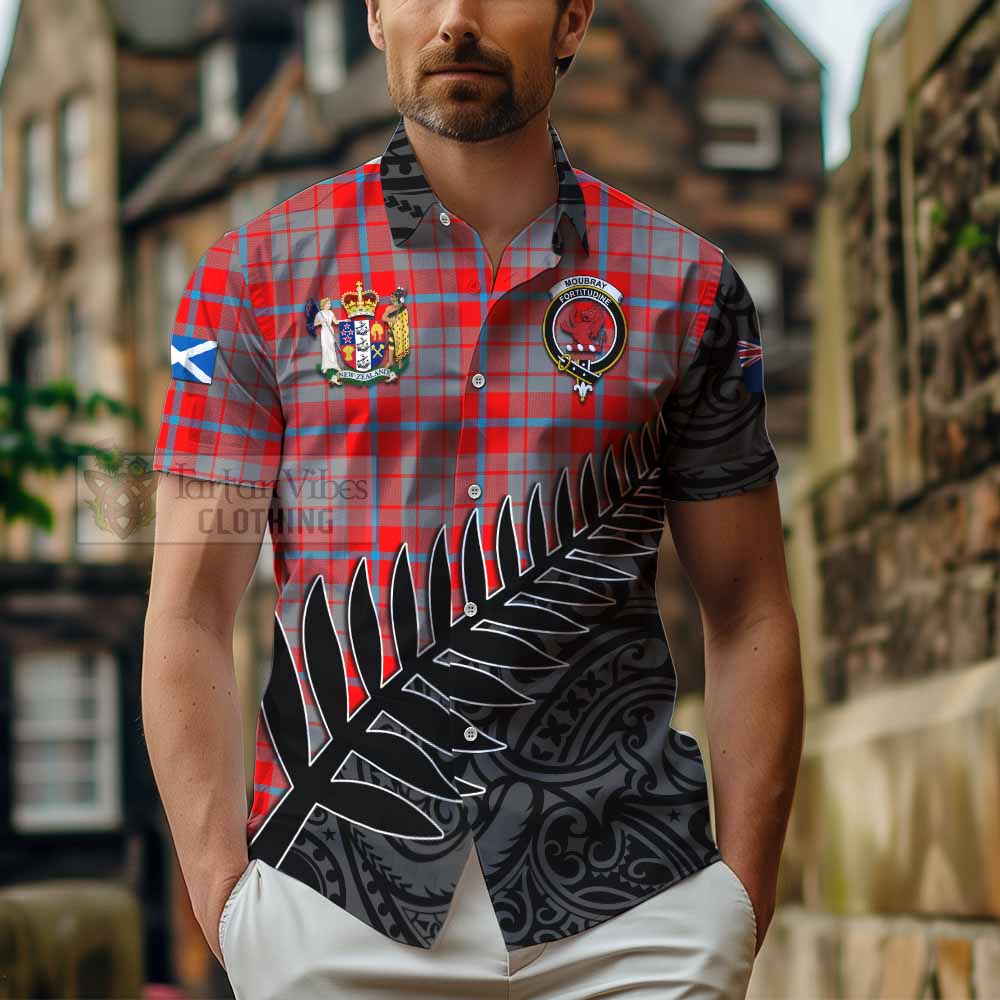 Tartan Vibes Clothing Moubray Crest Tartan Short Sleeve Button Shirt with New Zealand Silver Fern Half Style