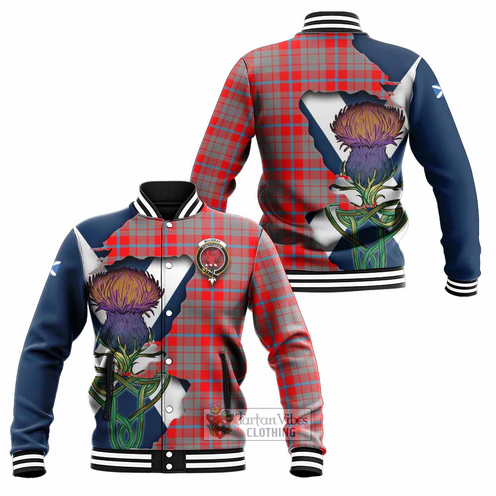 Tartan Vibes Clothing Moubray Tartan Family Crest Baseball Jacket Scottish Thistle Celtic Inspired