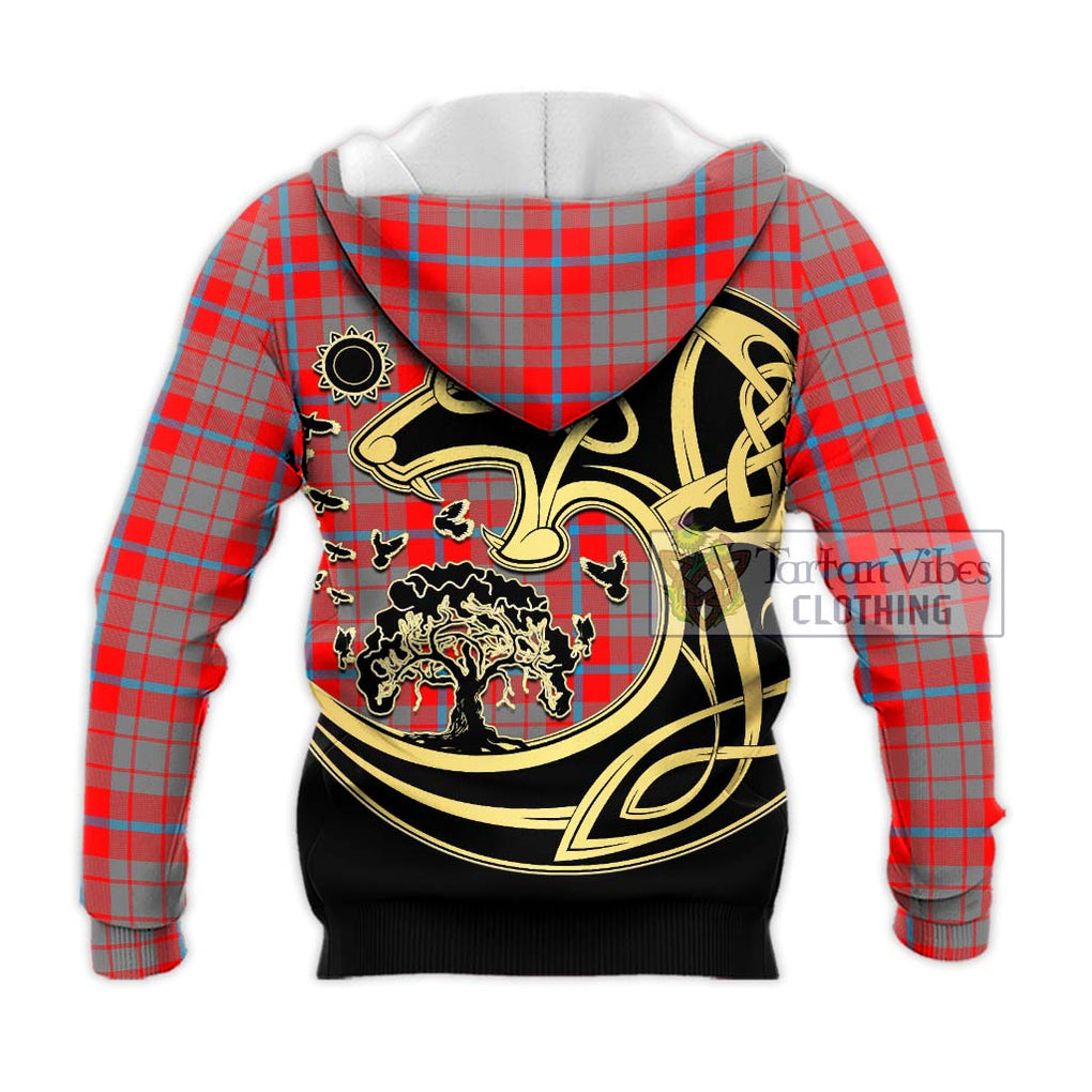 Moubray Tartan Knitted Hoodie with Family Crest Celtic Wolf Style - Tartan Vibes Clothing