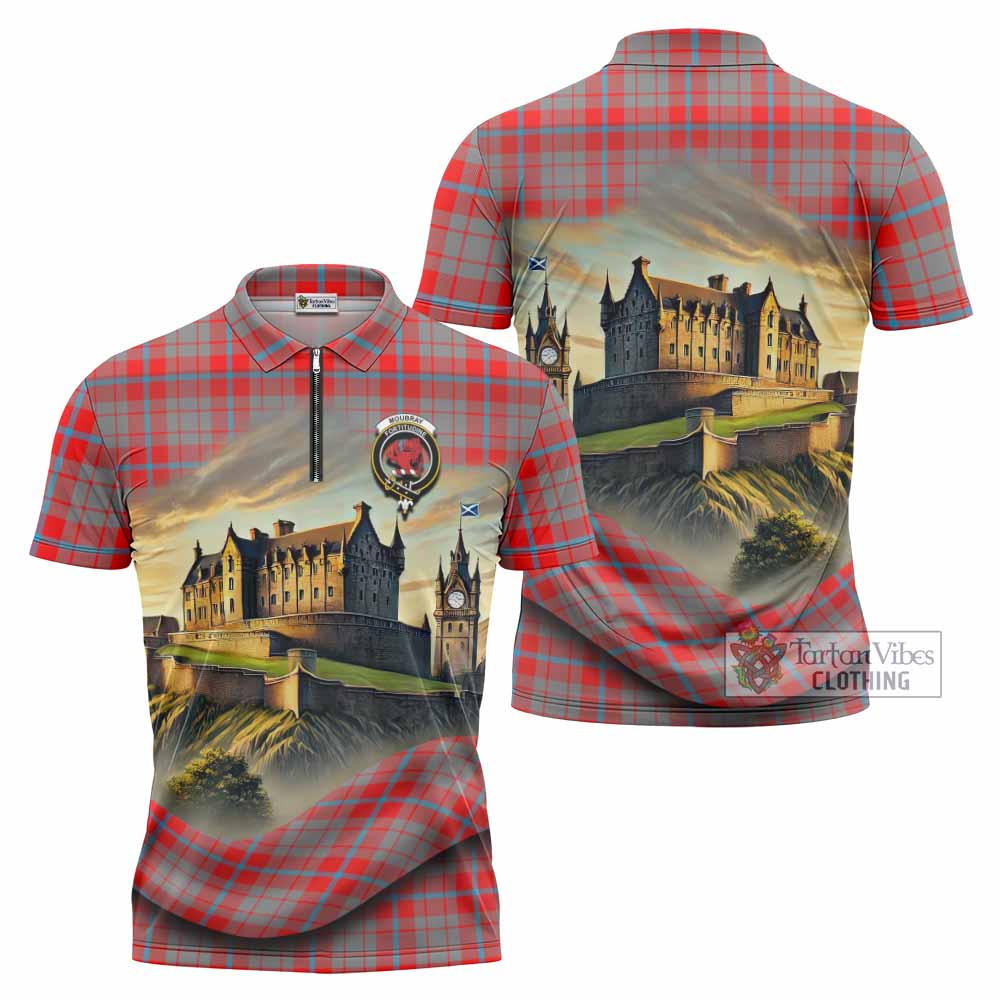 Moubray Tartan Family Crest Zipper Polo Shirt with Scottish Ancient Castle Style - Tartan Vibes Clothing