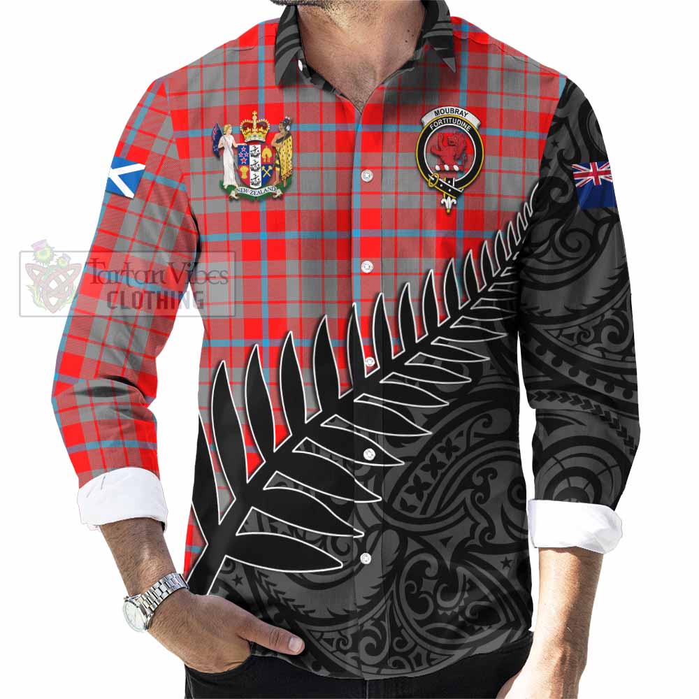 Tartan Vibes Clothing Moubray Crest Tartan Long Sleeve Button Shirt with New Zealand Silver Fern Half Style