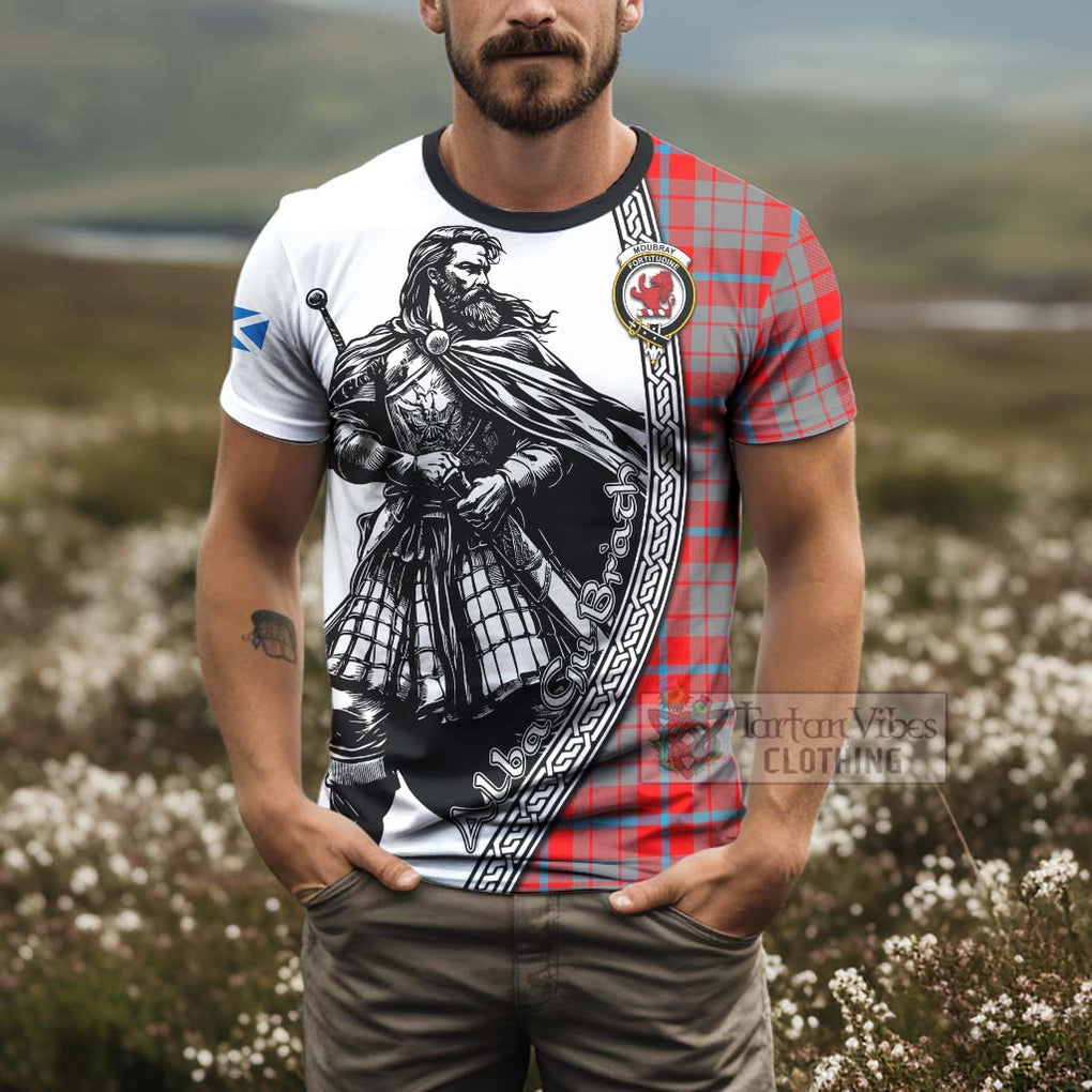 Moubray Tartan Clan Crest T-Shirt with Highlander Warrior Celtic Style - Tartan Vibes Clothing