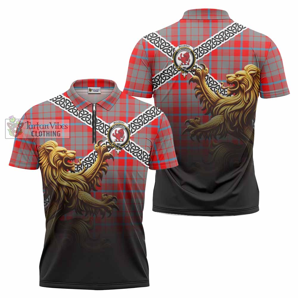 Moubray Crest Tartan Zipper Polo Shirt with Golden Lion Emblem Celtic Style - Tartan Vibes Clothing