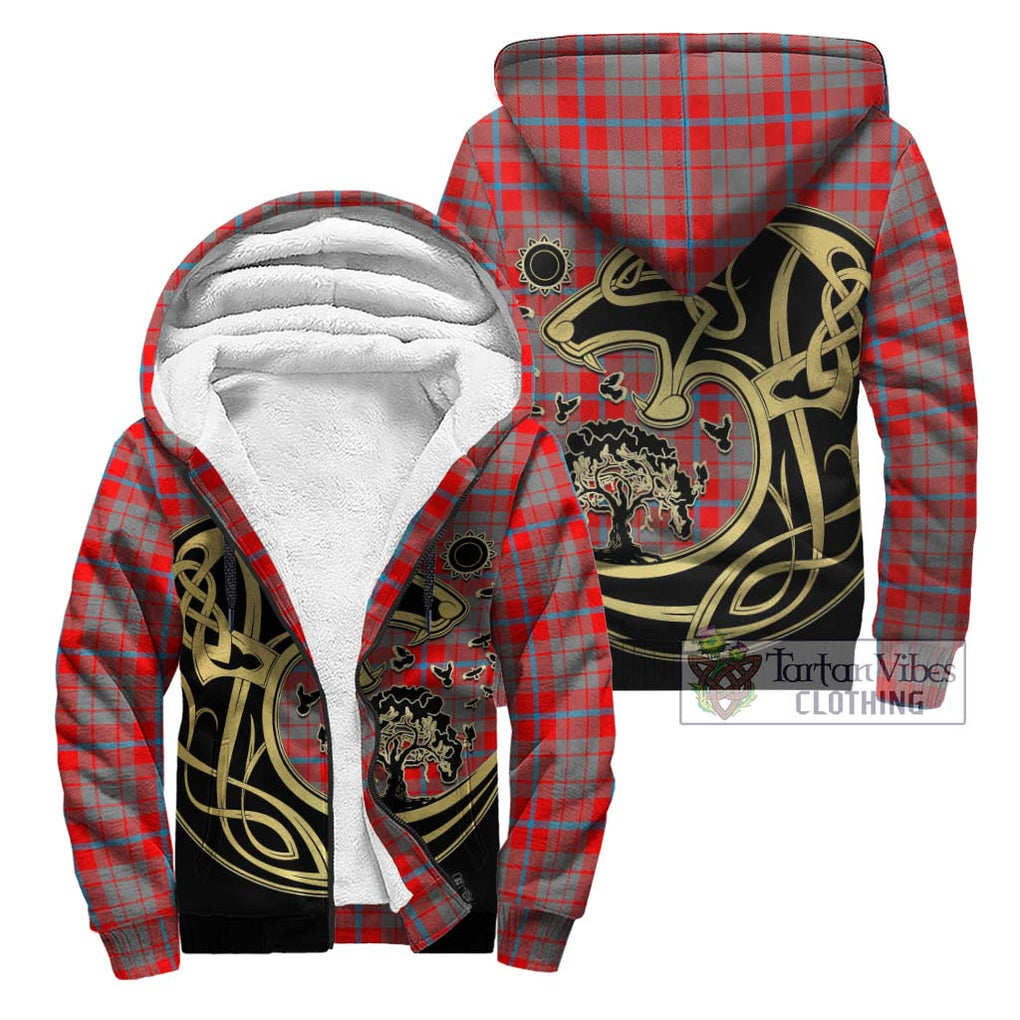 Moubray Tartan Sherpa Hoodie with Family Crest Celtic Wolf Style Unisex - Tartan Vibes Clothing