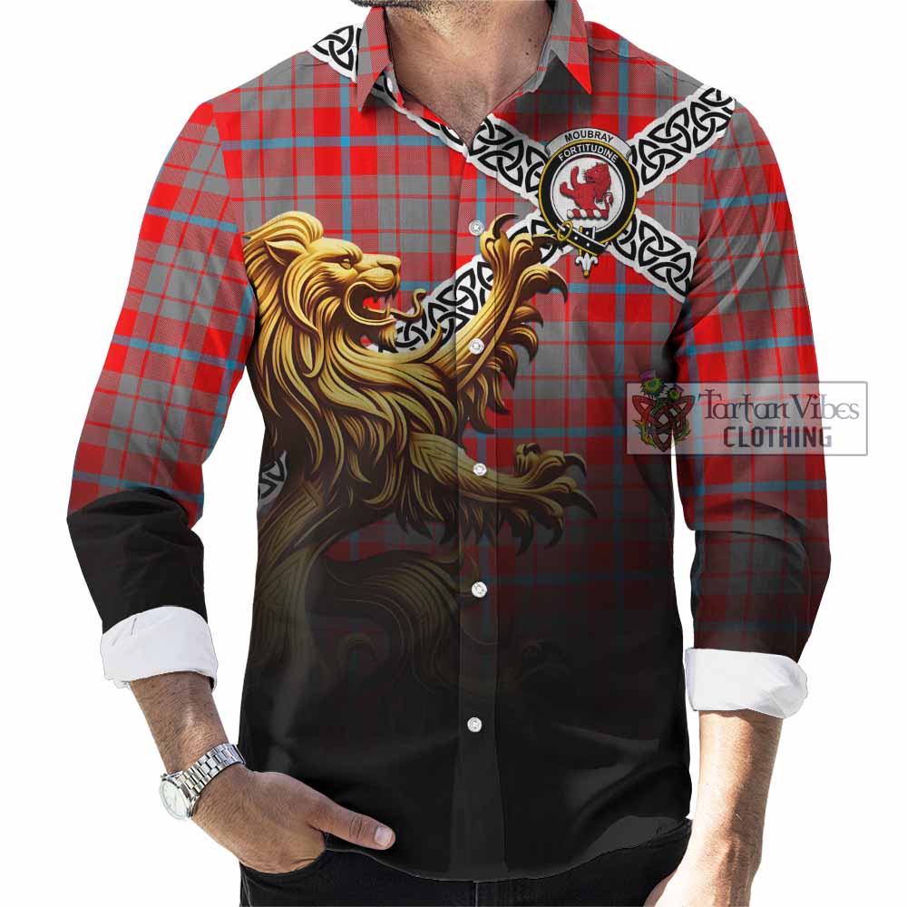 Moubray Crest Tartan Long Sleeve Button Shirt with Golden Lion Emblem Celtic Style - Tartan Vibes Clothing