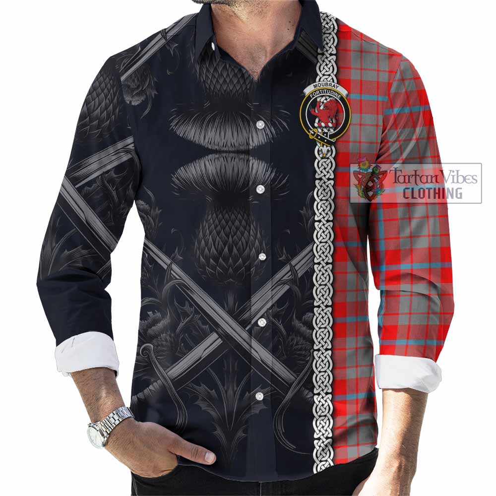 Tartan Vibes Clothing Moubray Tartan Long Sleeve Button Shirt with Family Crest Cross Sword Thistle Celtic Vibes